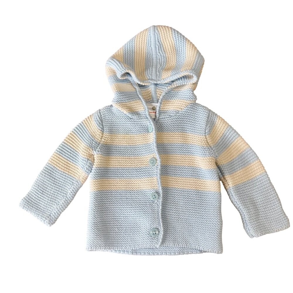 HANNA ANDERSSON Hoodie Cardigan Baby 0-3 50 Organic Cotton Blue Striped Sweater - Picture 1 of 8